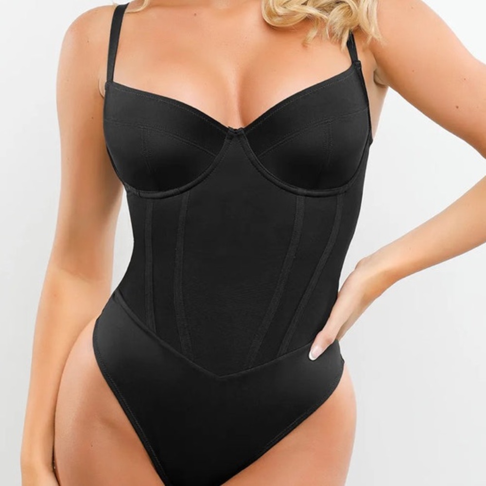 Populish Black Shapewear Bodysuit with Adjustable Straps and Sweetheart Neckline